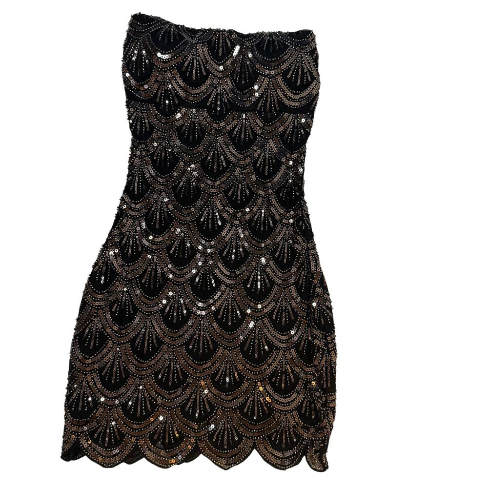 Windsor Lilah Beaded Scallop Mini Dress Black Gold S